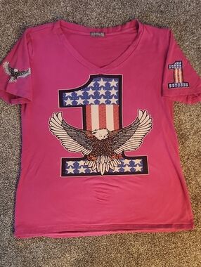Bus Stop Brand Short Sleeve V-Neck Bedazzled Women's Tee - Size XL? Chest 21.5"